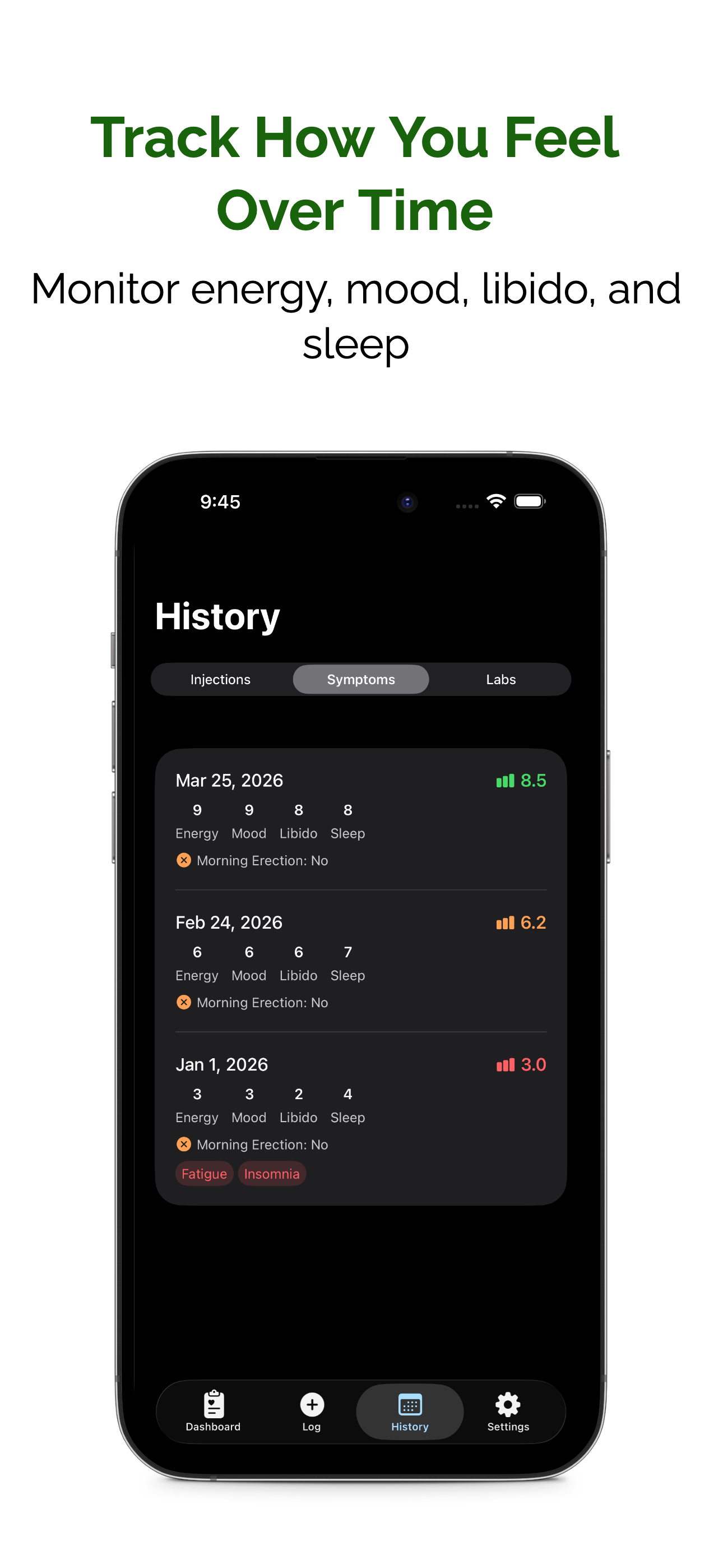 TTracker screenshot showing symptom tracking